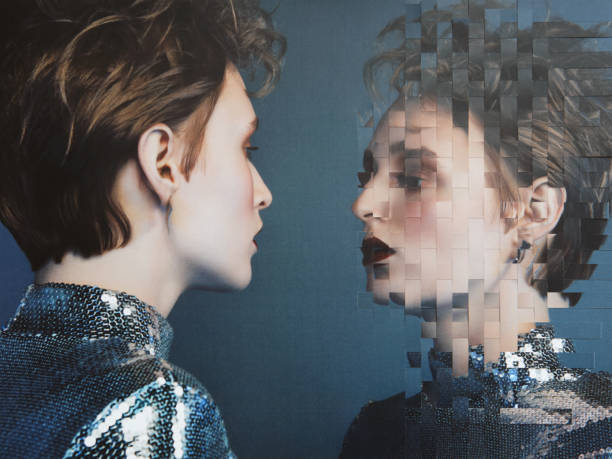 Analog collage with female portrait and her mirror reflection stock photo