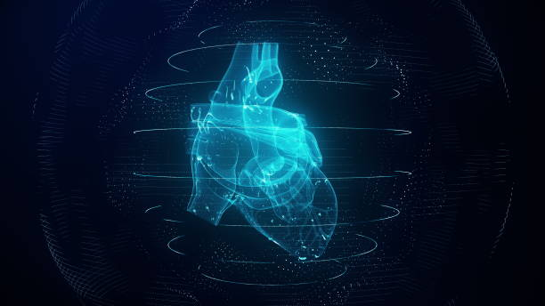 Anatomically correct blue digital human heart. Futuristic particle cardiac scan Anatomically correct blue digital human heart. Futuristic particle cardiac computer tomography scan 3D render. MRI future, disease treatment, healthcare and medical concept in 4k heart image stock pictures, royalty-free photos & images