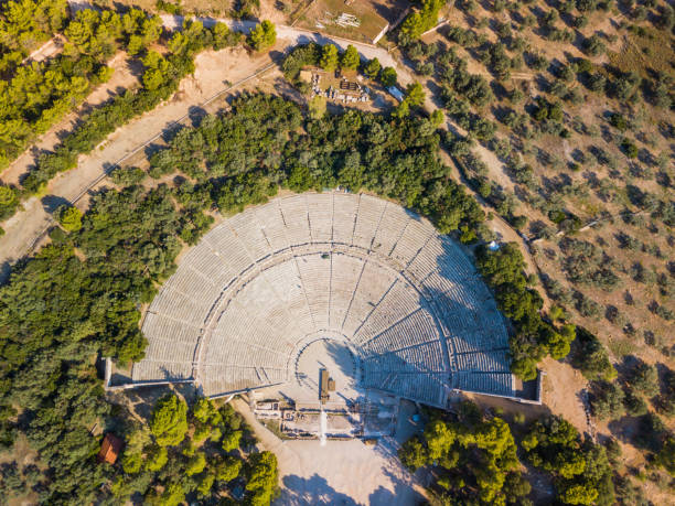Ancient amphitheater of Epidaurus at Peloponnese, Greece. Aerial drone photo stock photo