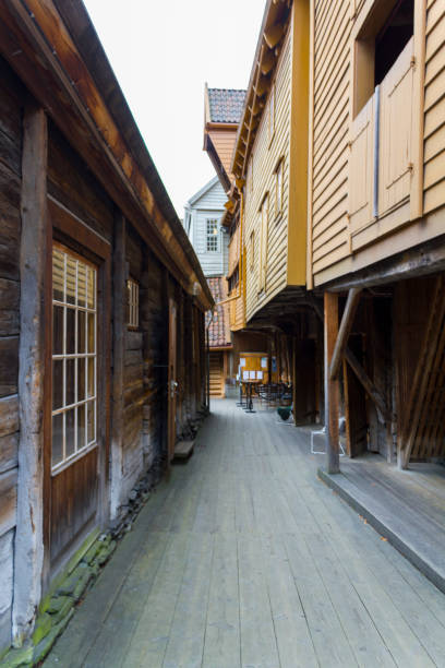 Ancient buildings in old Bryggen in Bergen stock photo