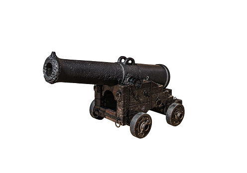 Ancient cannon on wheels on white. An ancient artillery piece that was installed on ships or to protect forts. Isolate on a white background.