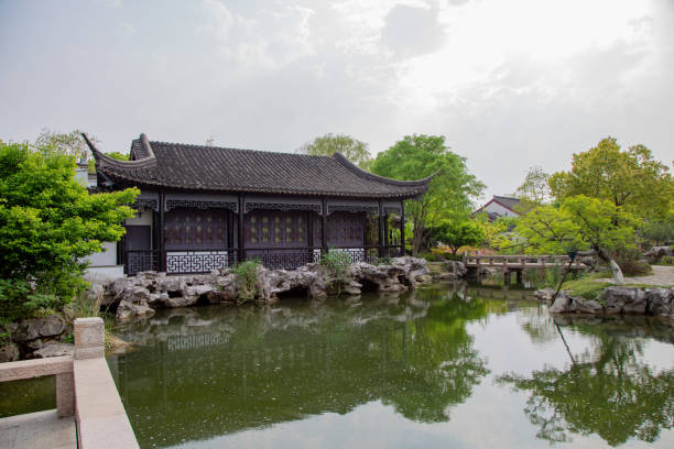Ancient Chinese Style Building by the Pond stock photo