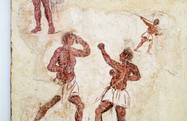 ancient greek fresco 3000 year old, ancient greek fresco depcting boxers. found in the island of delos, greece. ancient history stock pictures, royalty-free photos & images