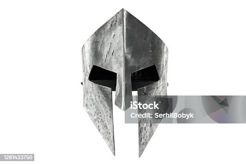istock Ancient iron spartan head protection isolated on white. 1281433750