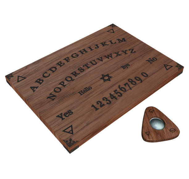 Ancient OUIJA or Spirit Board 3D Rendering Illustration of a Ancient OUIJA or Spirit Board of the Nineteenth Century for Comunication with Spirits and Multidimensional Entities; with wooden Structure, letters, numbers and symbols. planchette stock pictures, royalty-free photos & images