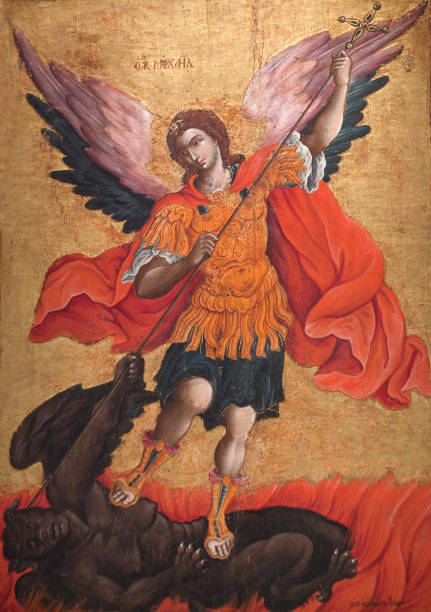 Ancient painting with Archangel Michael stock photo