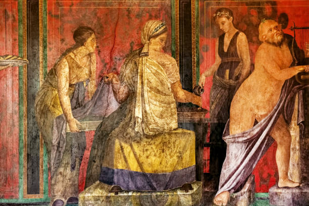Ancient Roman fresco in Pompeii showing a detail of the mystery cult of Dionysus Ancient Roman fresco in Pompeii showing a detail of the mystery cult of Dionysus. Pompeii destroyed by the eruption of Vesuvius in 79 BC fresco stock pictures, royalty-free photos & images