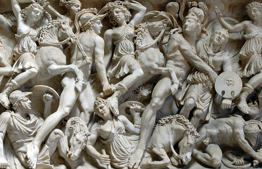A detailed section of carvings/sculture depicting a scene of carnage in Rome. Vatican.