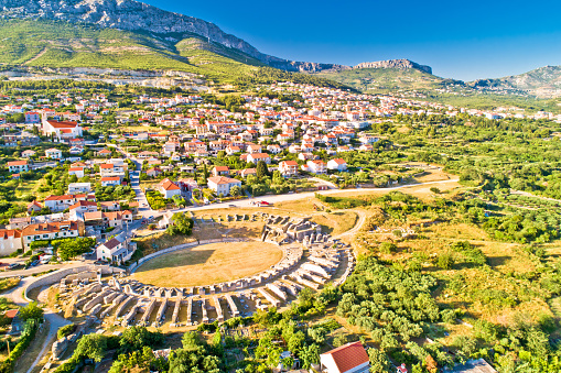 Ancient Salona or Solin amphitheater aerial view, Split region of Dalmatia, Croatia