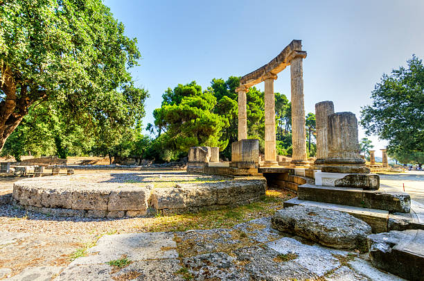 Ancient site of Olympia, Greece Ruins of the ancient site of Olympia, specifically the Philippeion in the Altis of Olympia, which was an Ionic circular memorial of ivory and gold. The Olympic games originate from there. peloponnese stock pictures, royalty-free photos & images