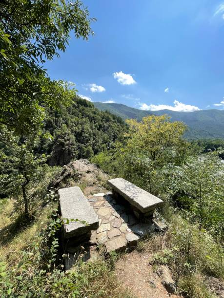Ancient stone bridge in lanzo torinese italy panoramic point stock photo