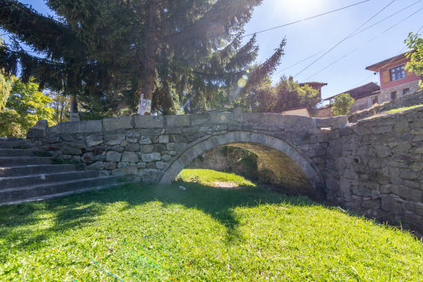 Ancient stone bridge with beautiful green grass stock photo
