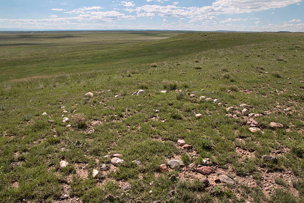 Rocks that once held down the edges of a Native American tipi remain in a circle, sunken into the soil with time where they were left on the short grass prairie. The tipi ring sits among many more rings that remain on the hilly plains of Pawnee National Grasslands in northern Colorado.