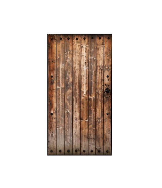 Ancient wooden door isolated on white stock photo