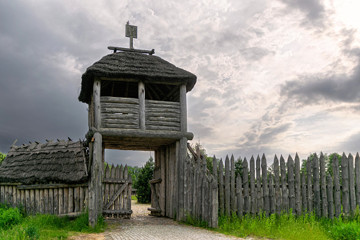 Ancient solid wooden gate on an old husbandry, traditional village on the north of Europe