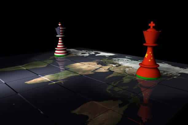 USA and China Chess Standoff Render of a chessboard decorated a map of the earth and with pieces decorated with the American and Chinese flags.

The Earth map is a public domain image from NASA's Visible Earth project: https://visibleearth.nasa.gov/view.php?id=73884 theasis stock pictures, royalty-free photos & images