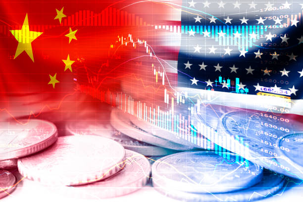 USA and China flag on coins and stock market chart .It is symbol of economic tariffs trade war and tax barrier between United States of America and China. USA and China flag on coins and stock market chart .It is symbol of economic tariffs trade war and tax barrier between United States of America and China. bond market  stock pictures, royalty-free photos & images