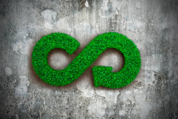 ECO and circular economy concept. ECO and circular economy concept. The green grass in form of arrow infinity recycling symbol on dirty concrete wall. circular economy stock pictures, royalty-free photos & images