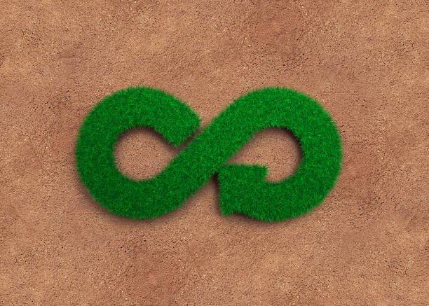 ECO and circular economy concept. ECO and circular economy concept. The green grass in form of arrow infinity recycling symbol and soil background. circular economy stock pictures, royalty-free photos & images