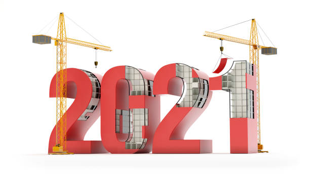 2021 and cranes, 3d illustration - planear obras vermelho imagens e fotografias de stock