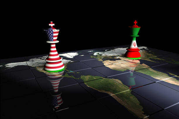 USA and Iran Chess Standoff Render of a chessboard decorated a map of the earth and with pieces decorated with the American and Iranian flags.

The Earth map is a public domain image from NASA's Visible Earth project: https://visibleearth.nasa.gov/view.php?id=73884 theasis stock pictures, royalty-free photos & images