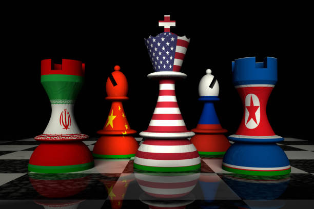 USA and North Korea Chess Standoff Render of a chessboard. A king decorated with the USA flag is surrounded by other pieces decorated with flags of Iran, China, Russia and North Korea. theasis stock pictures, royalty-free photos & images