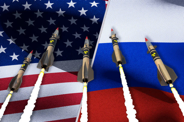 vs en rusland vlaggen. 3d render - russia usa ukraine stockfoto's en -beelden