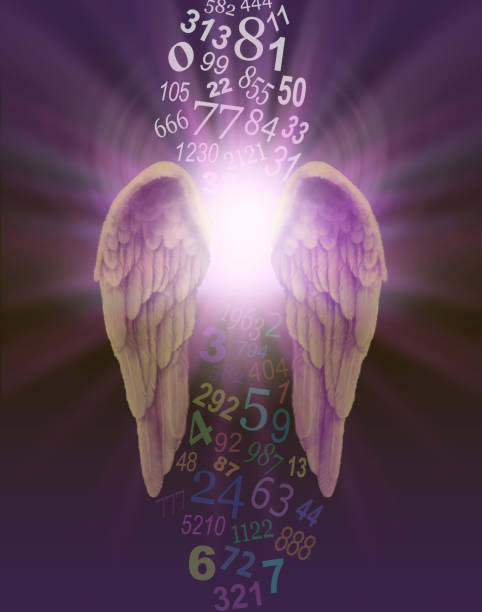 Angel Numbers A pair of angel wings with burst of divine light behind and a stream of random numbers above and below appearing to be cleansed by the light on a dark purple background angel number stock pictures, royalty-free photos & images