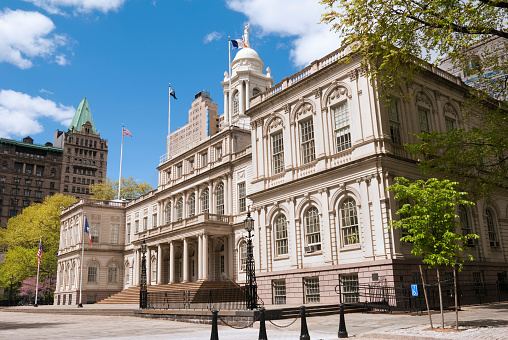 Entrance to City Hall in Manhattan in New York City. Other images of City Hall and City Hall Park: