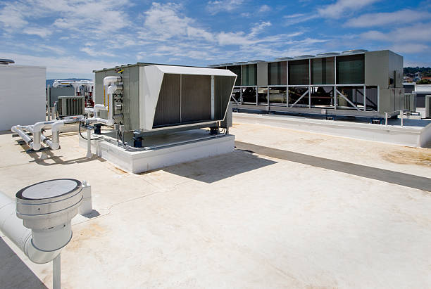 Angled View of rooftop HVAC system stock photo