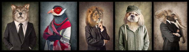 Animals in clothes. Concept graphic in vintage style. Wolf, Bird, Lion, Dog, Elephant. stock photo