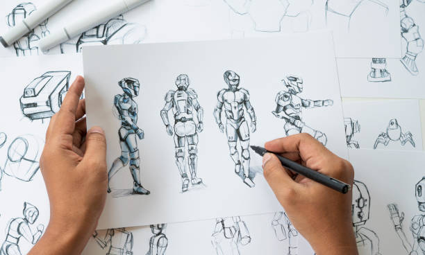 Animator designer Development designing drawing sketching development creating graphic pose characters sci-fi robot Cartoon illustration animation video game film production , animation design studio. stock photo