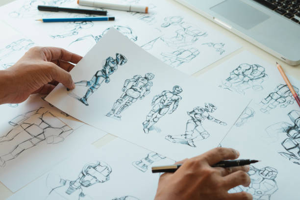 Animator designer Development designing drawing sketching development creating graphic pose characters sci-fi robot Cartoon illustration animation video game film production , animation design studio. stock photo