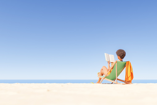 3D rendering of unrecognizable ethnic female traveler with Afro hair reading interesting book sitting on deckchair on sandy beach at seafront against cloudless blue sky