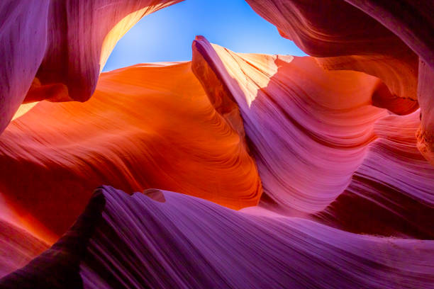 太陽光で照らされたアンテロープスロットキャニオン – ページ, アリゾナ州 – アメリカ合衆国 - ロウワーアンテロープ 写真 ストックフォトと画像
