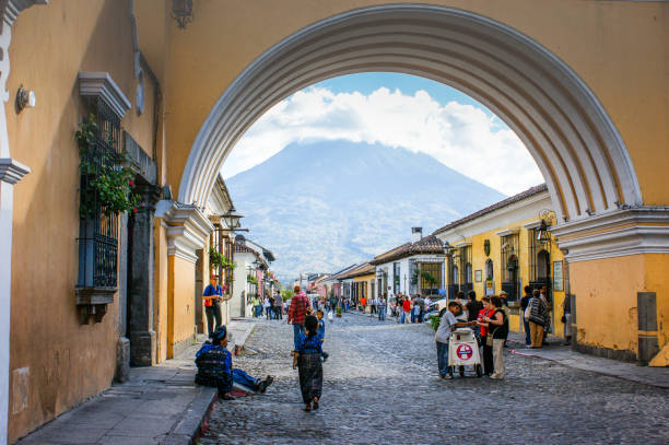 Antigua Guatemala Arch and Volcan de Agua stock photo