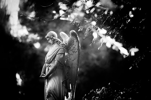 Weathered old stone angel statue at Graveyard. Black and white converted image.