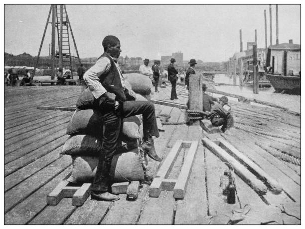 Antique black and white photo of the United States: Wharf, Lower Red River Antique black and white photo of the United States: Wharf, Lower Red River commercial dock photos stock illustrations