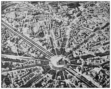 Antique black and white photograph: Arc de Triomphe from Hot air baloon
