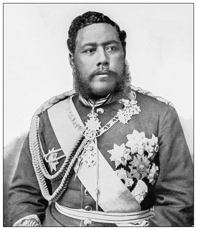 Antique black and white photograph of people from islands in the Caribbean and in the Pacific Ocean; Cuba, Hawaii, Philippines and others: King David Kalakaua, Hawaii