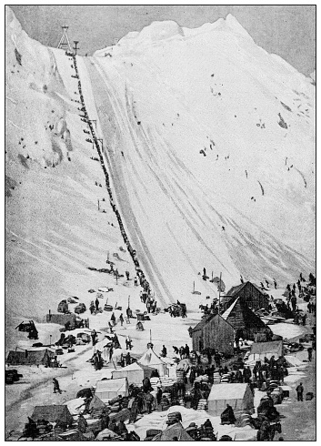 Antique black and white photograph: Klondike gold rush, Chilkoot Pass