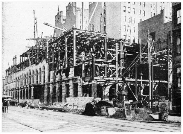 Antique black and white photograph: New York buildings Antique black and white photograph: New York buildings construction site photos stock illustrations