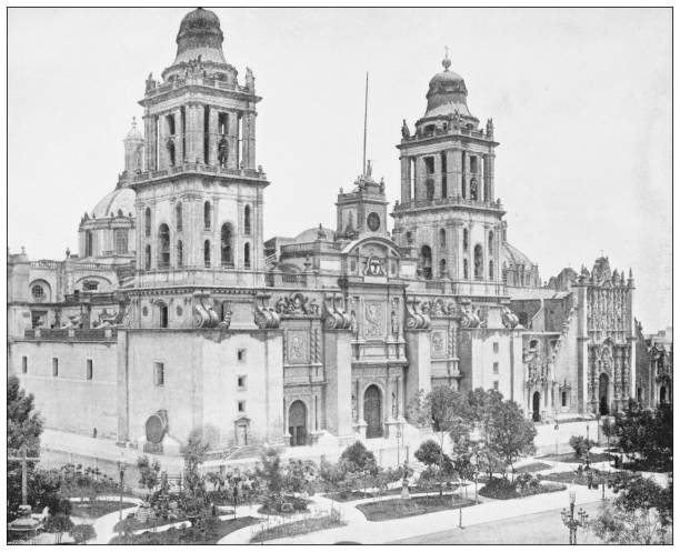 Antique black and white photograph of American landmarks: Mexico City Metropolitan Cathedral stock photo