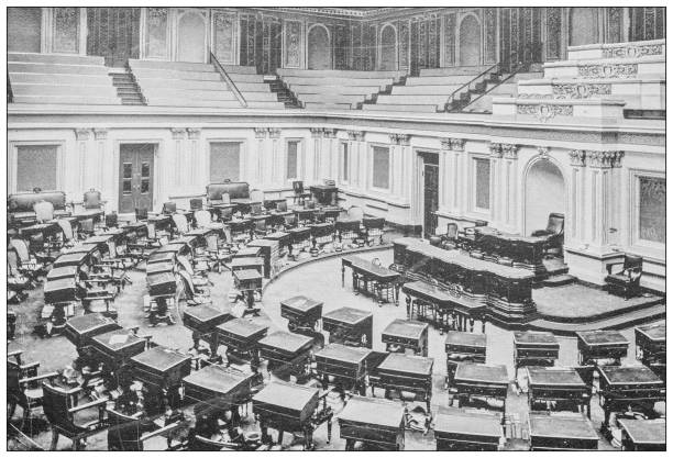 Antique black and white photograph of Washington, USA: Senate chamber, Capitol Antique black and white photograph of Washington, USA: Senate chamber, Capitol senate stock illustrations