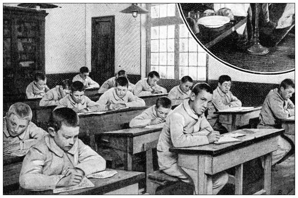 Antique black and white photograph: School class Antique black and white photograph: School class classroom photos stock illustrations
