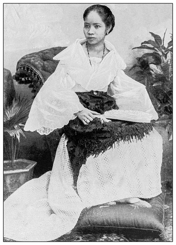 Antique black and white photograph of people from islands in the Caribbean and in the Pacific Ocean; Cuba, Hawaii, Philippines and others: Spanish-Tagalog Woman, Philippines
