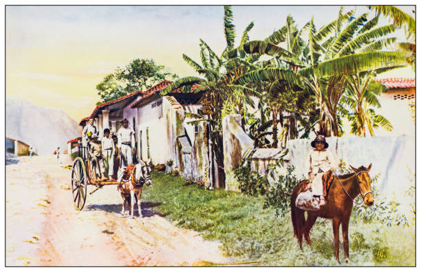 Antique color photograph: Nueva Gerona, Isle of Pines (Isla de la Juventud) vector art illustration