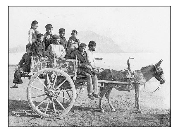 Antique dotprinted photographs of Italy: Sicilian cart Antique dotprinted photographs of Italy: Sicilian cart donkey photos stock illustrations
