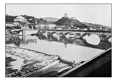 Antique dotprinted photographs of Italy: Turin, Bridge on river Po