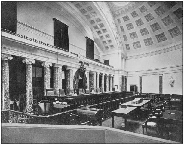 Antique historical photographs from the US Navy and Army: Supreme Court Room, Washington Antique historical photographs from the US Navy and Army: Supreme Court Room, Washington supreme court building stock illustrations